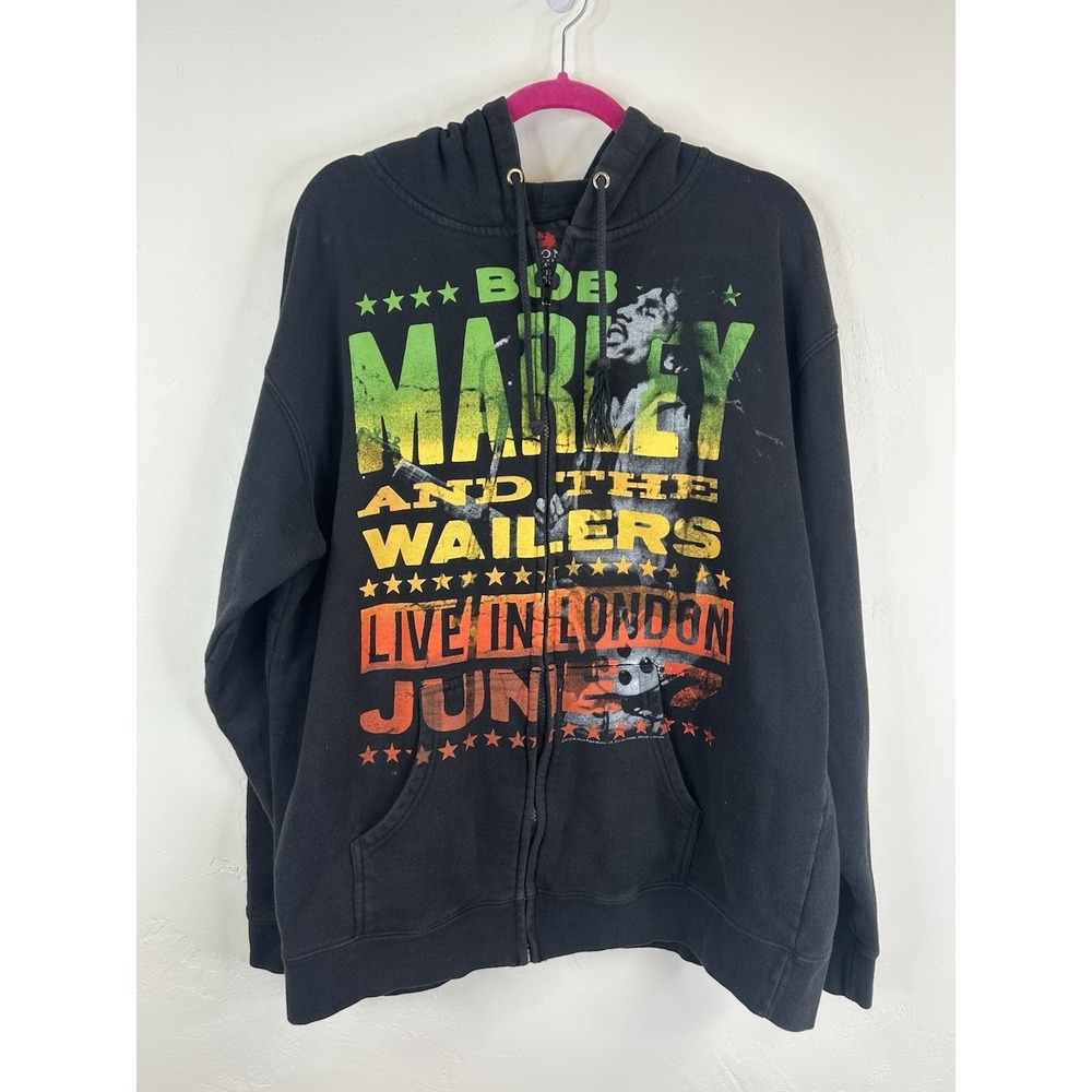 Bob Marley Black Hoodie Size 2X Reggae Rasta Music Zip Up Sweatshirt London
